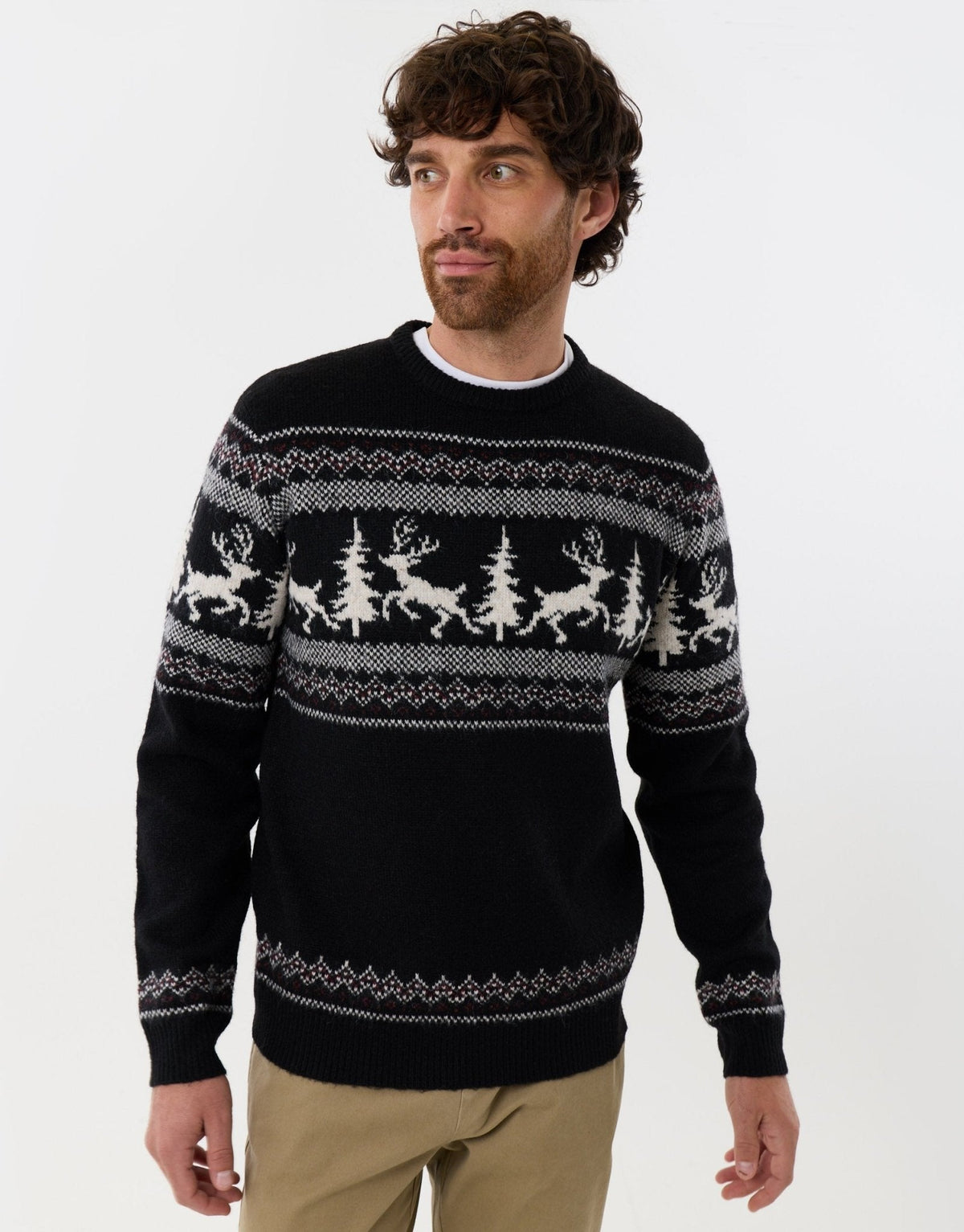 Men's Christmas Jumper Fair Isle Reindeer Forest Crew Neck
