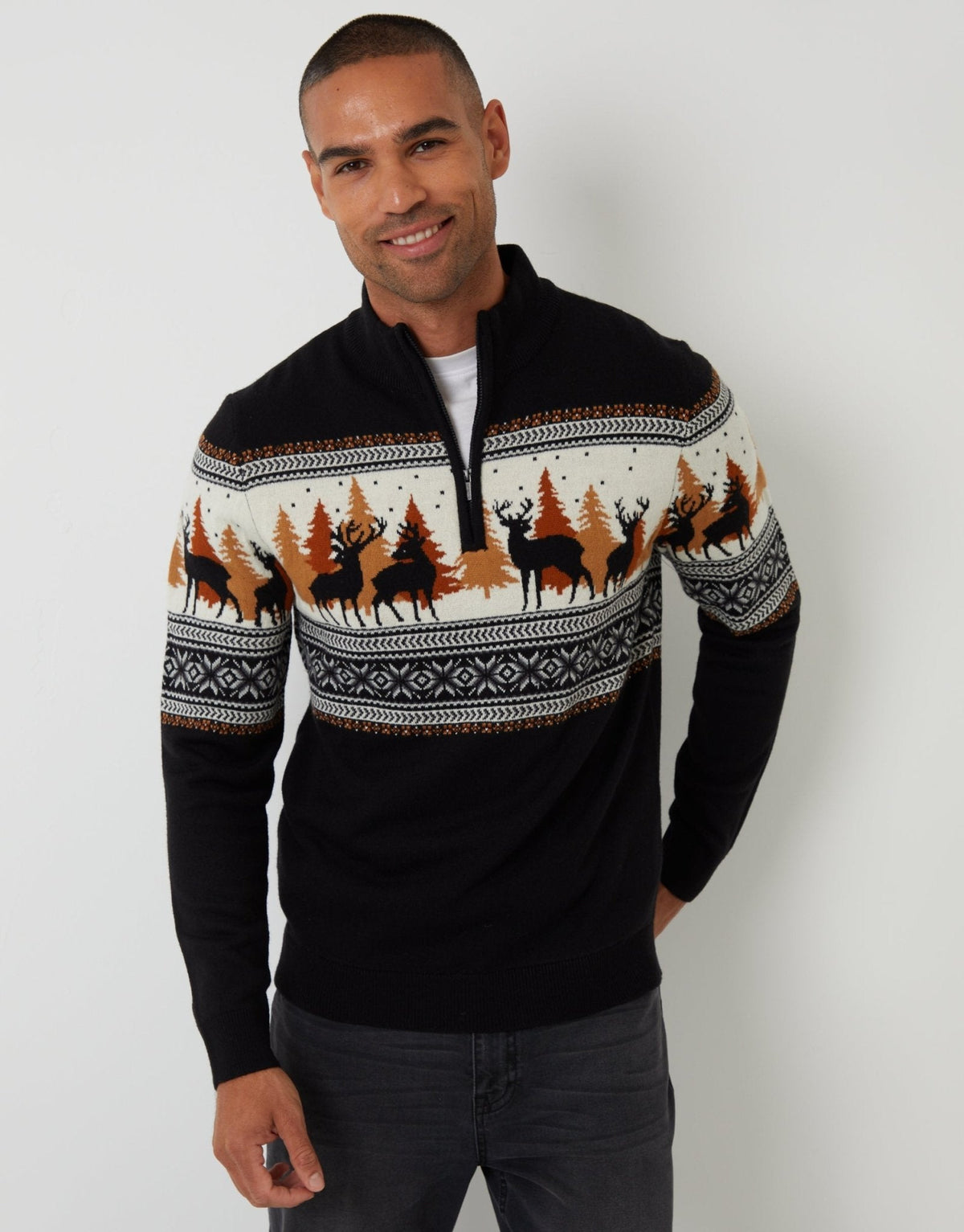 Men's Christmas Jumper Fair Isle Reindeer Quarter Zip in Black