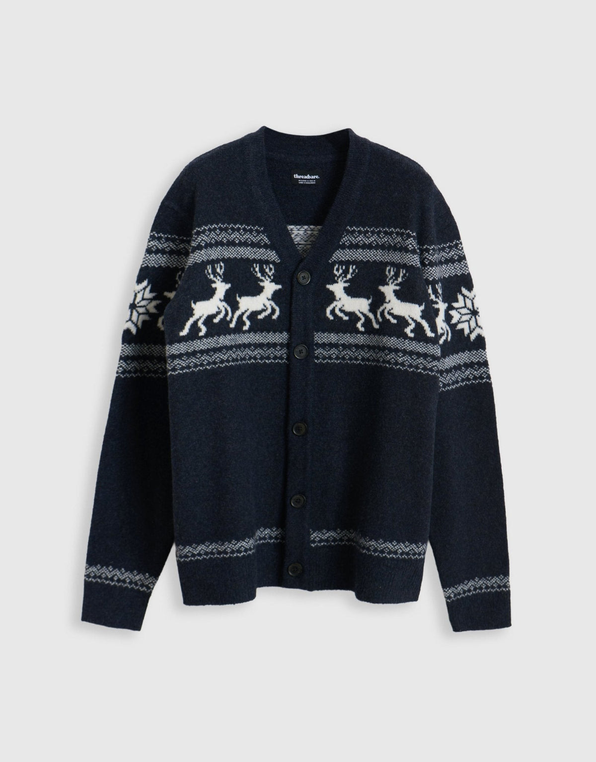 Men's Christmas Cardigan Fair Isle Reindeer V-Neck in Navy