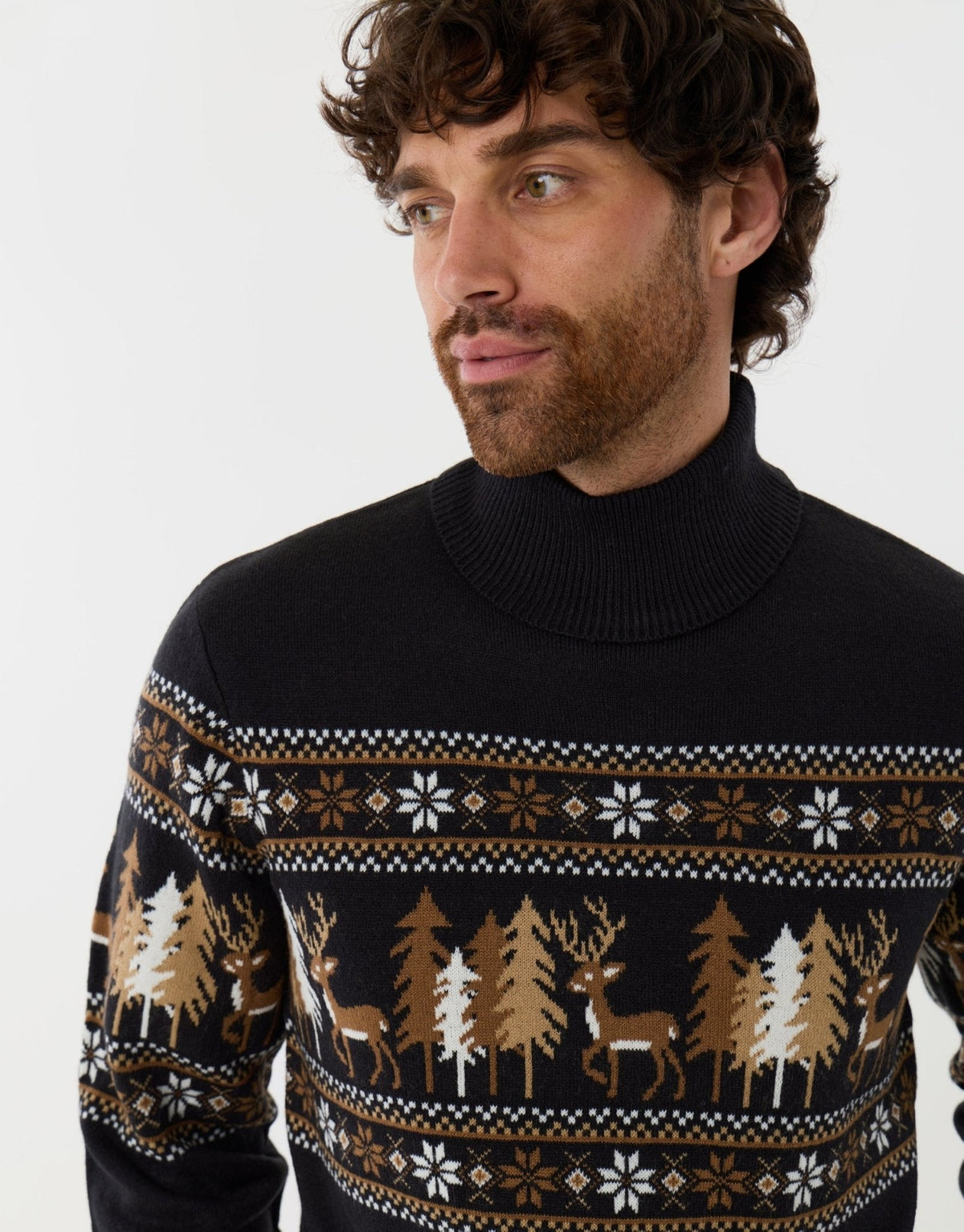 Men's Christmas Jumper Fair Isle Reindeer Forest Roll Neck