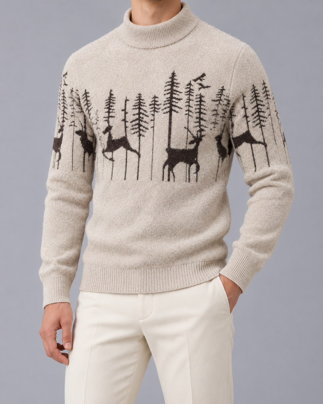 Men's Christmas Jumper Reindeer Forest Jacquard Mock Neck