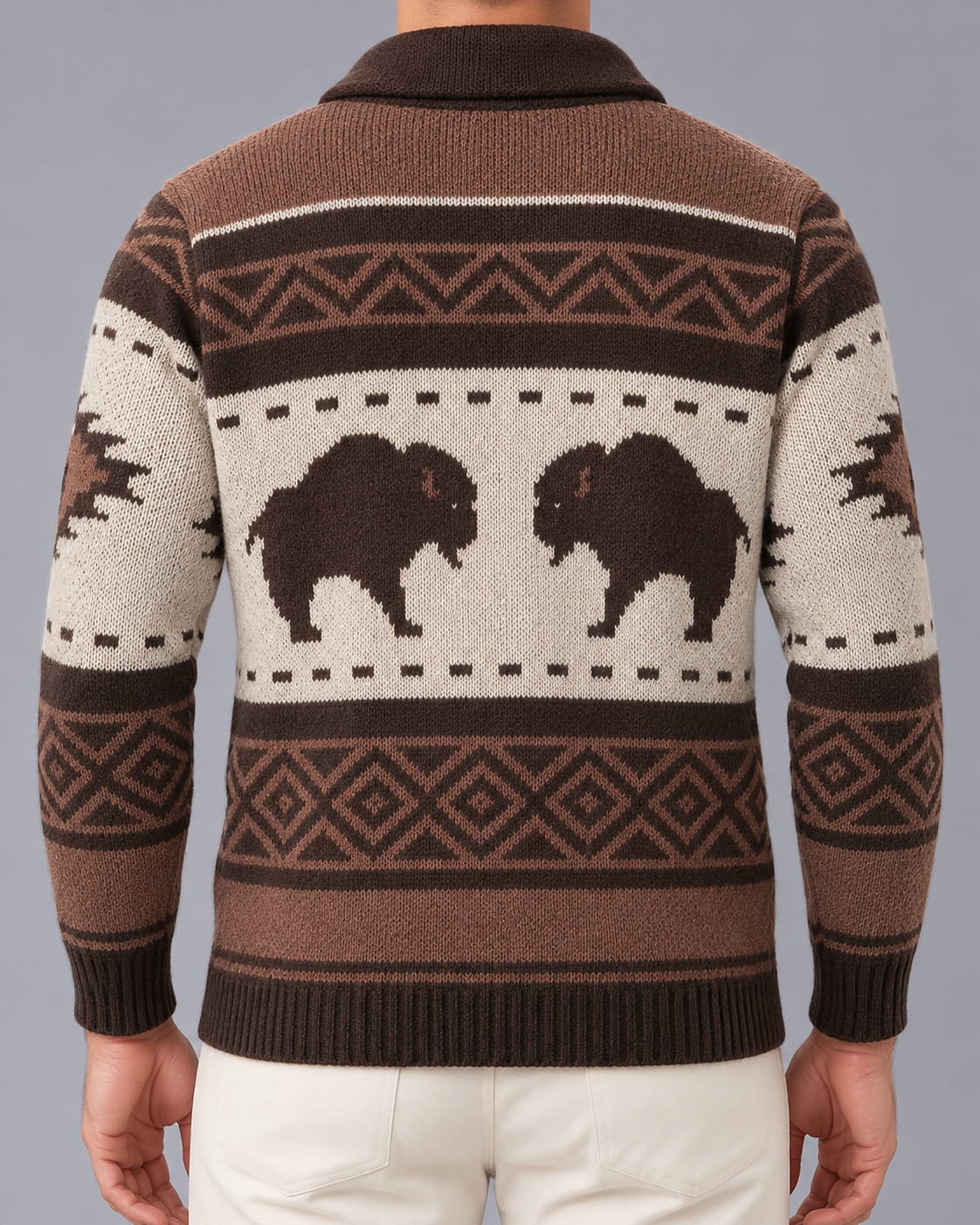 Men's Christmas Cardigan Buffalo Shawl Collar Zip in Brown