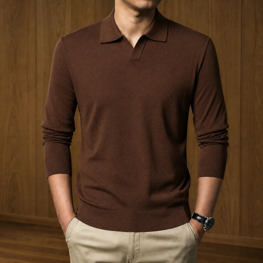 Men's Ribbed Knit Open Collar Polo Jumper