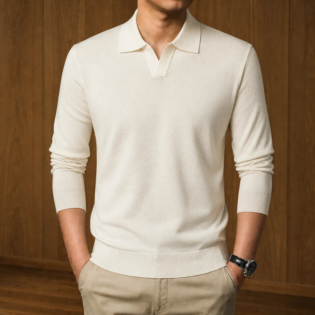 Men's Ribbed Knit Open Collar Polo Jumper