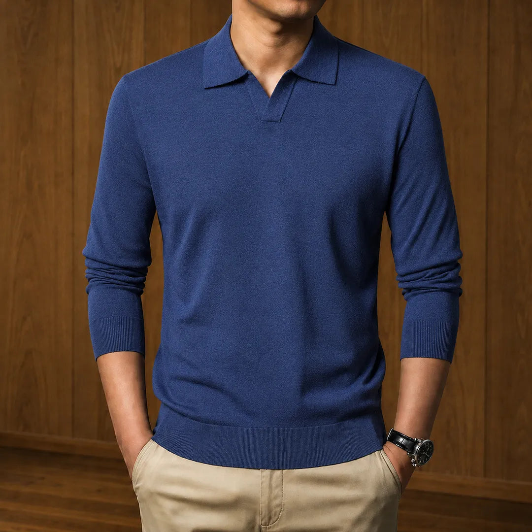 Men's Ribbed Knit Open Collar Polo Jumper