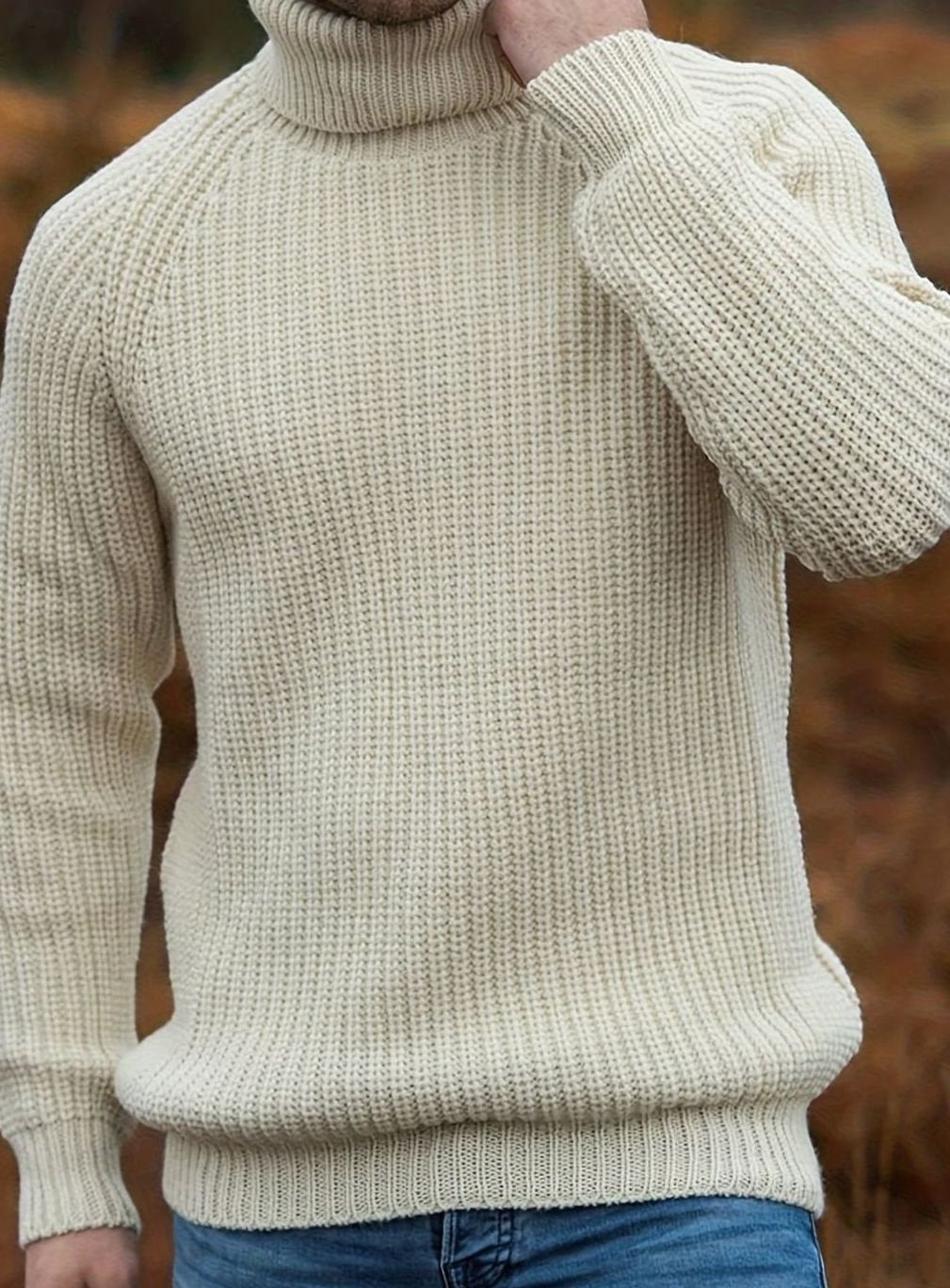 Men's Chunky Rib Knit Roll Neck Jumper in Beige