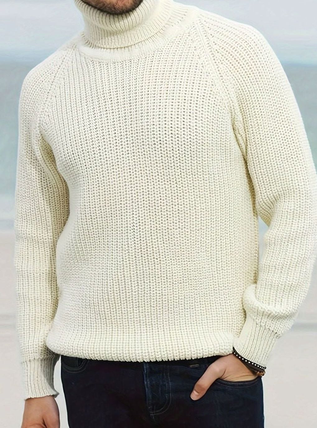 Men's Chunky Rib Knit Roll Neck Jumper in Beige