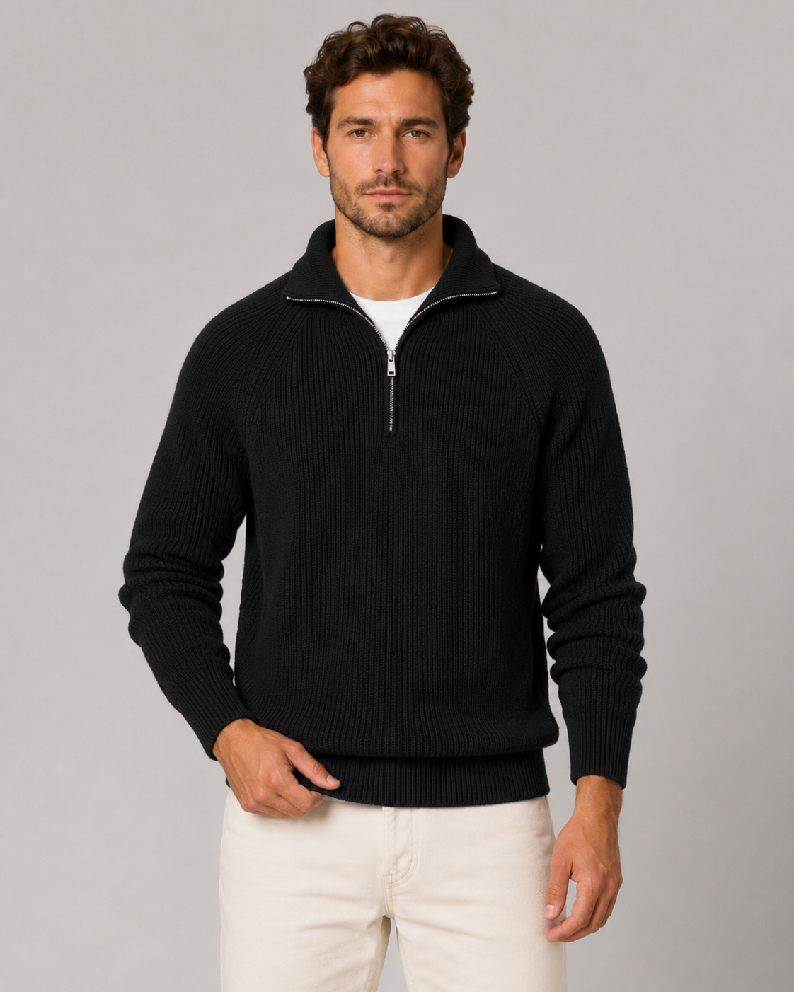 Men's Ribbed Quarter-Zip Mock Neck Jumper