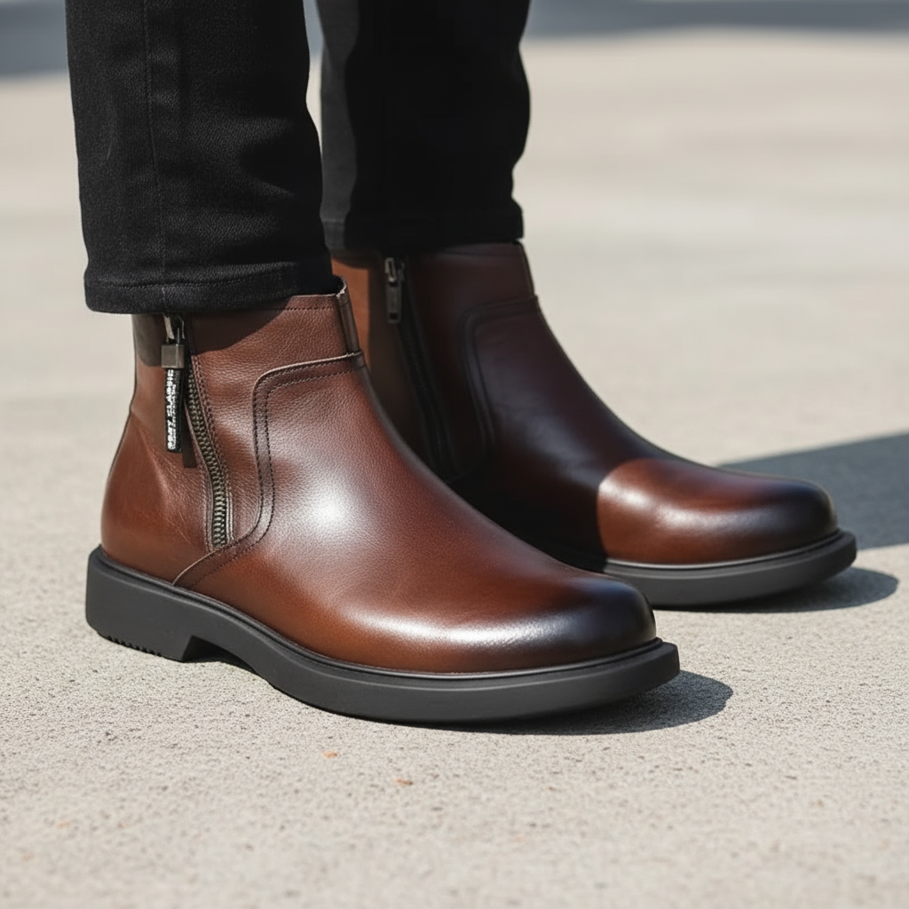Men's Side-Zip Faux Leather Ankle Boots with Chunky Sole