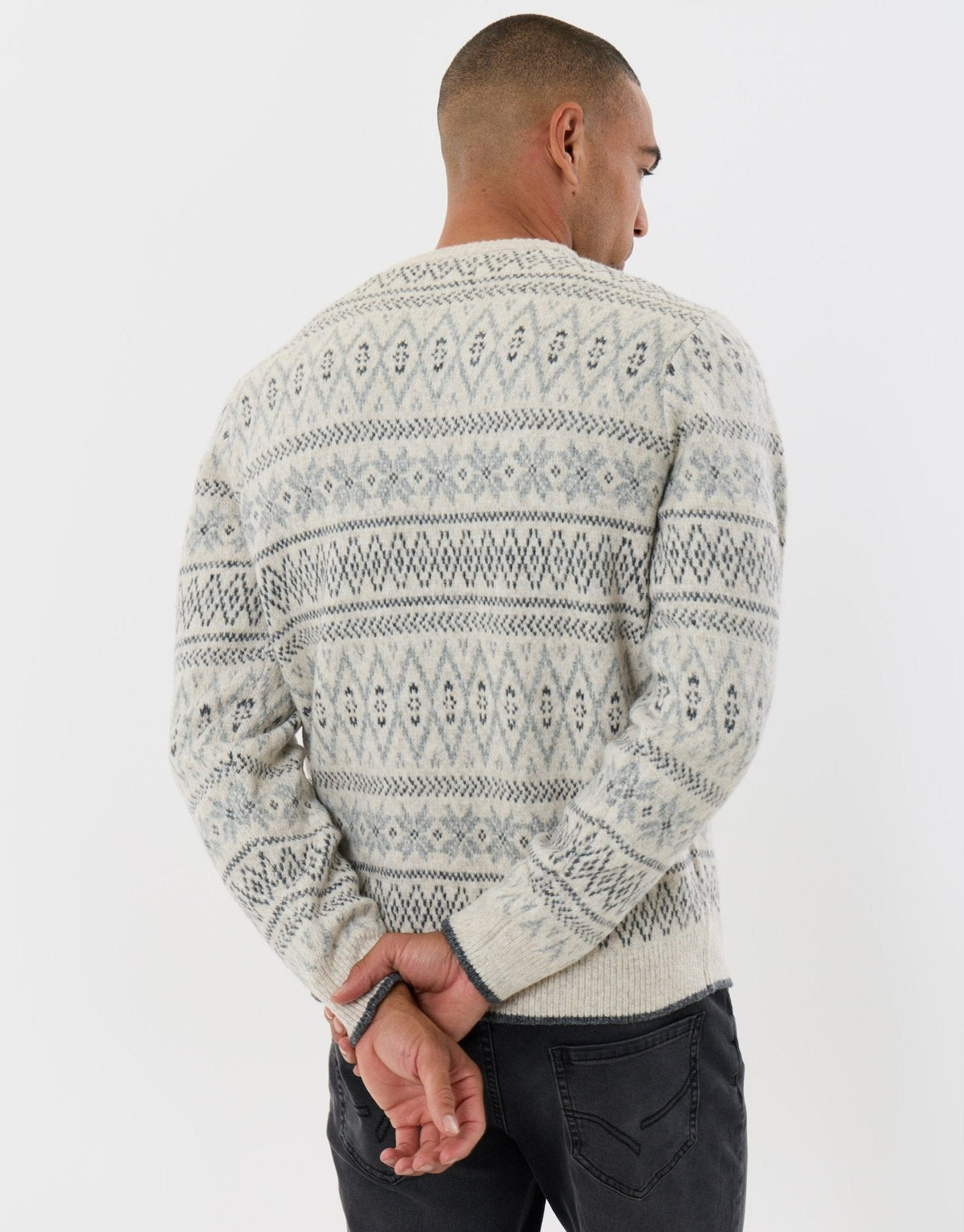 Men's Christmas Jumper Fair Isle Diamond Crew Neck in Ecru
