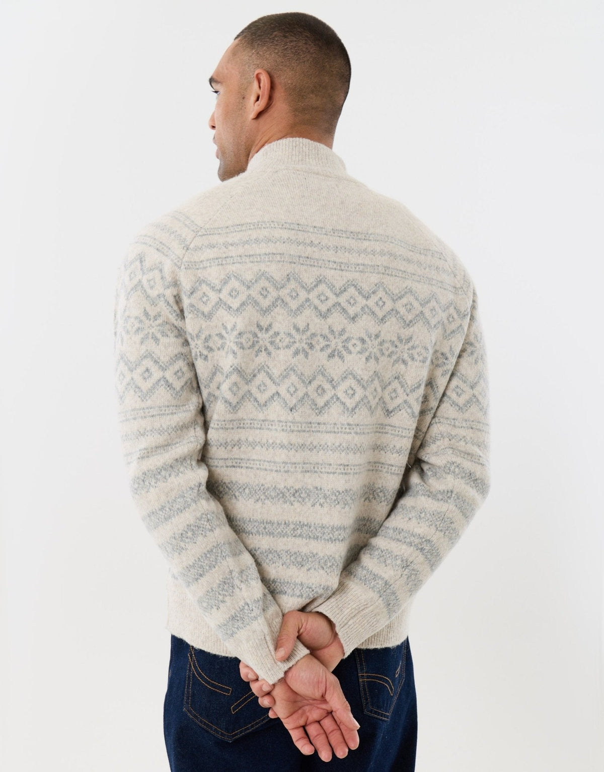 Men's Christmas Jumper Fair Isle Snowflake Quarter Zip in Ecru
