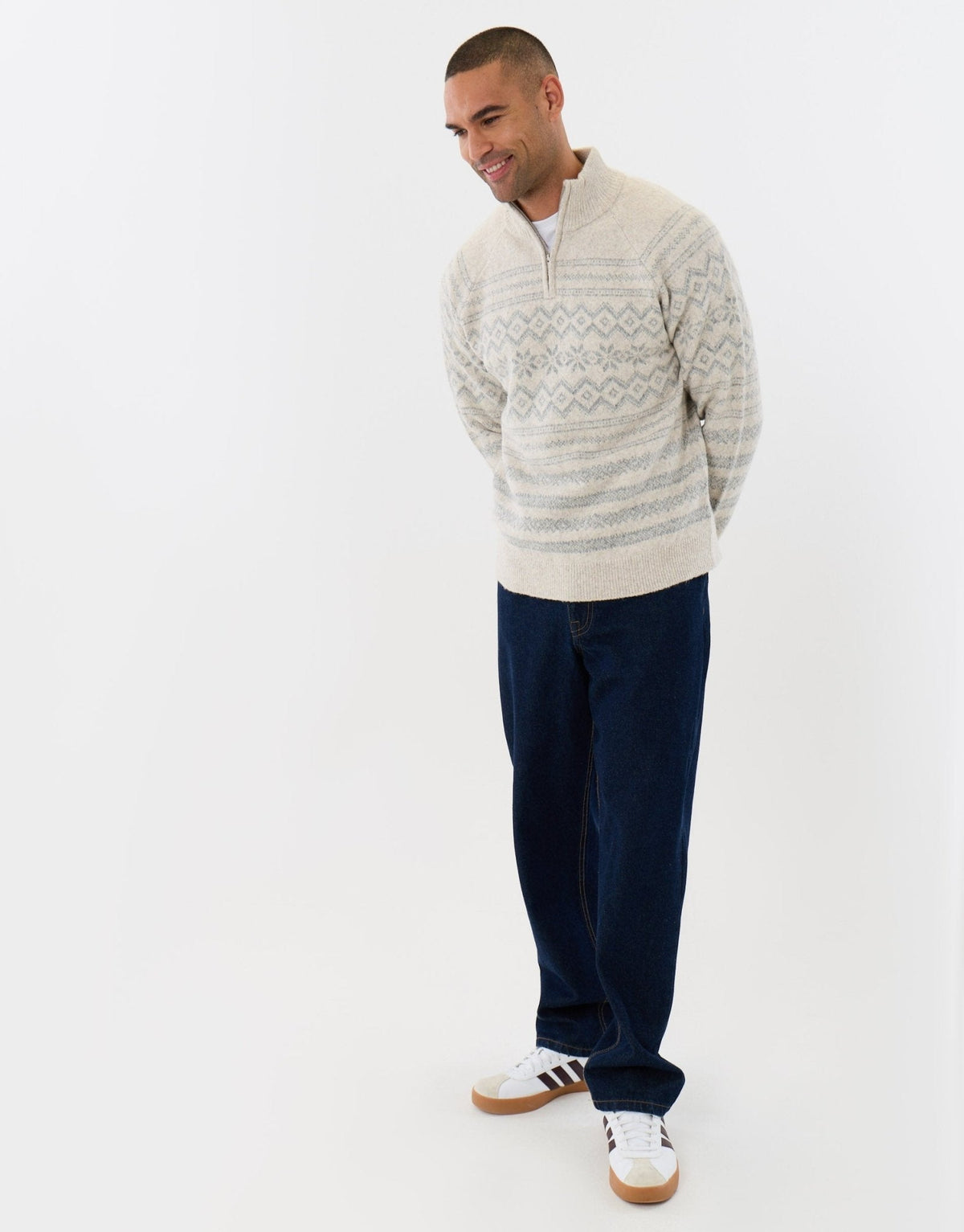 Men's Christmas Jumper Fair Isle Snowflake Quarter Zip in Ecru