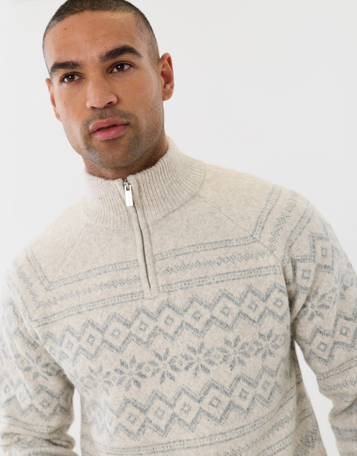 Men's Christmas Jumper Fair Isle Snowflake Quarter Zip in Ecru
