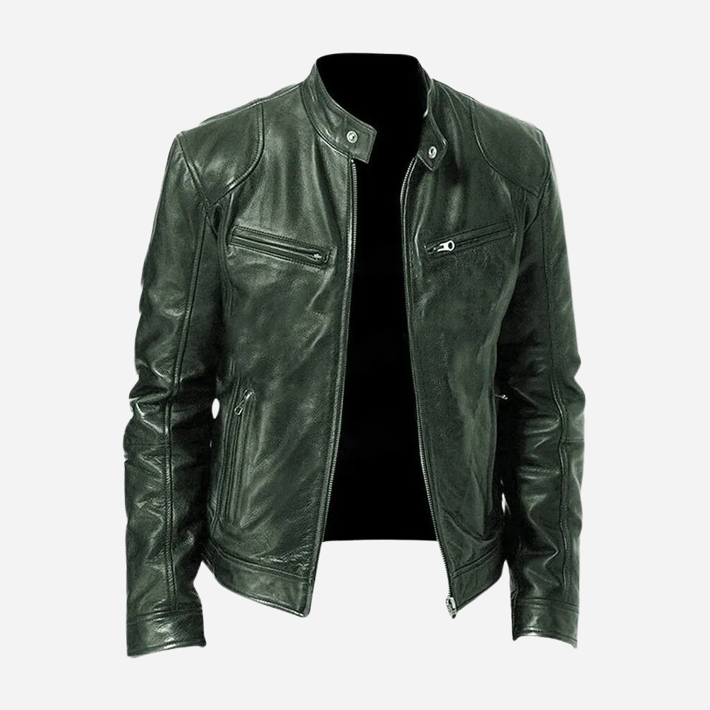Men's Biker Faux Leather Bomber Jacket with Stand Collar