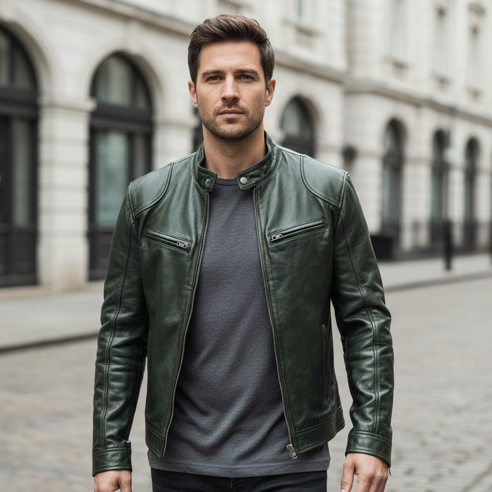 Men's Biker Faux Leather Bomber Jacket with Stand Collar