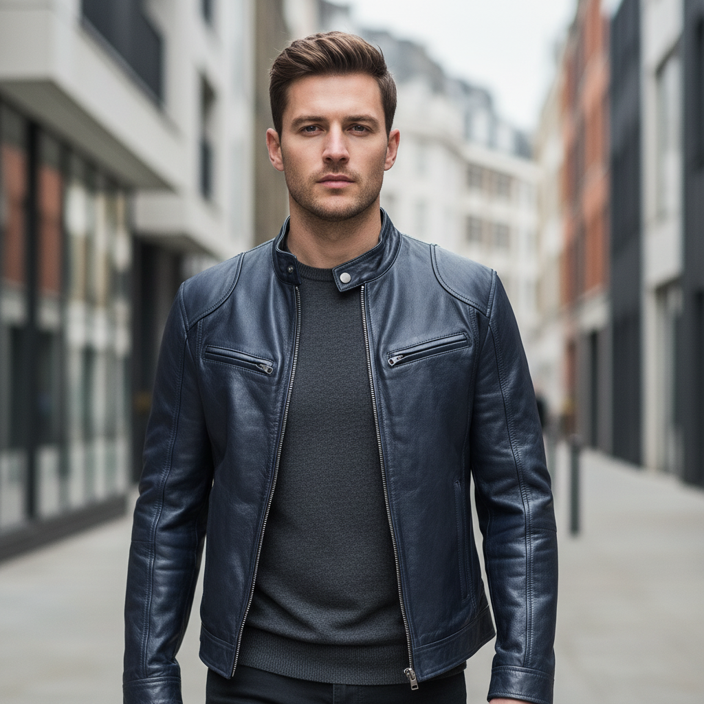 Men's Biker Faux Leather Bomber Jacket with Stand Collar