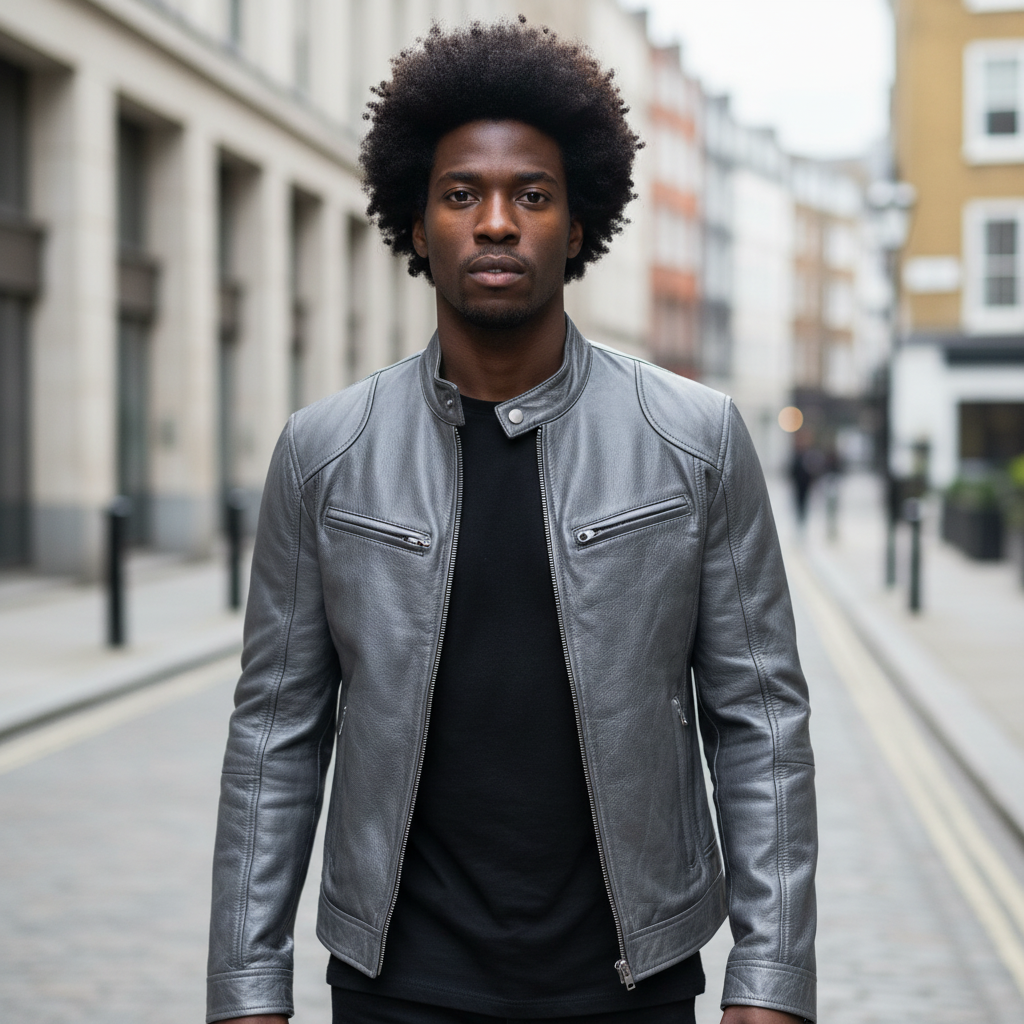 Men's Biker Faux Leather Bomber Jacket with Stand Collar