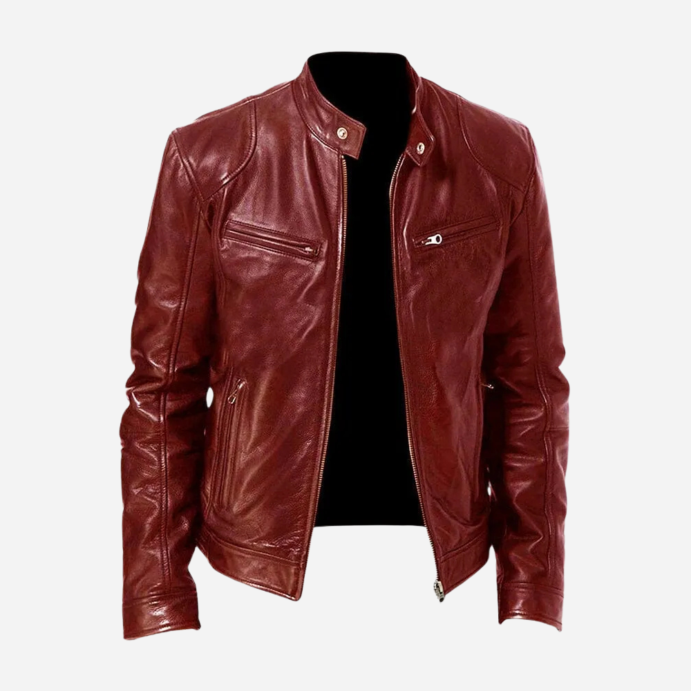 Men's Biker Faux Leather Bomber Jacket with Stand Collar