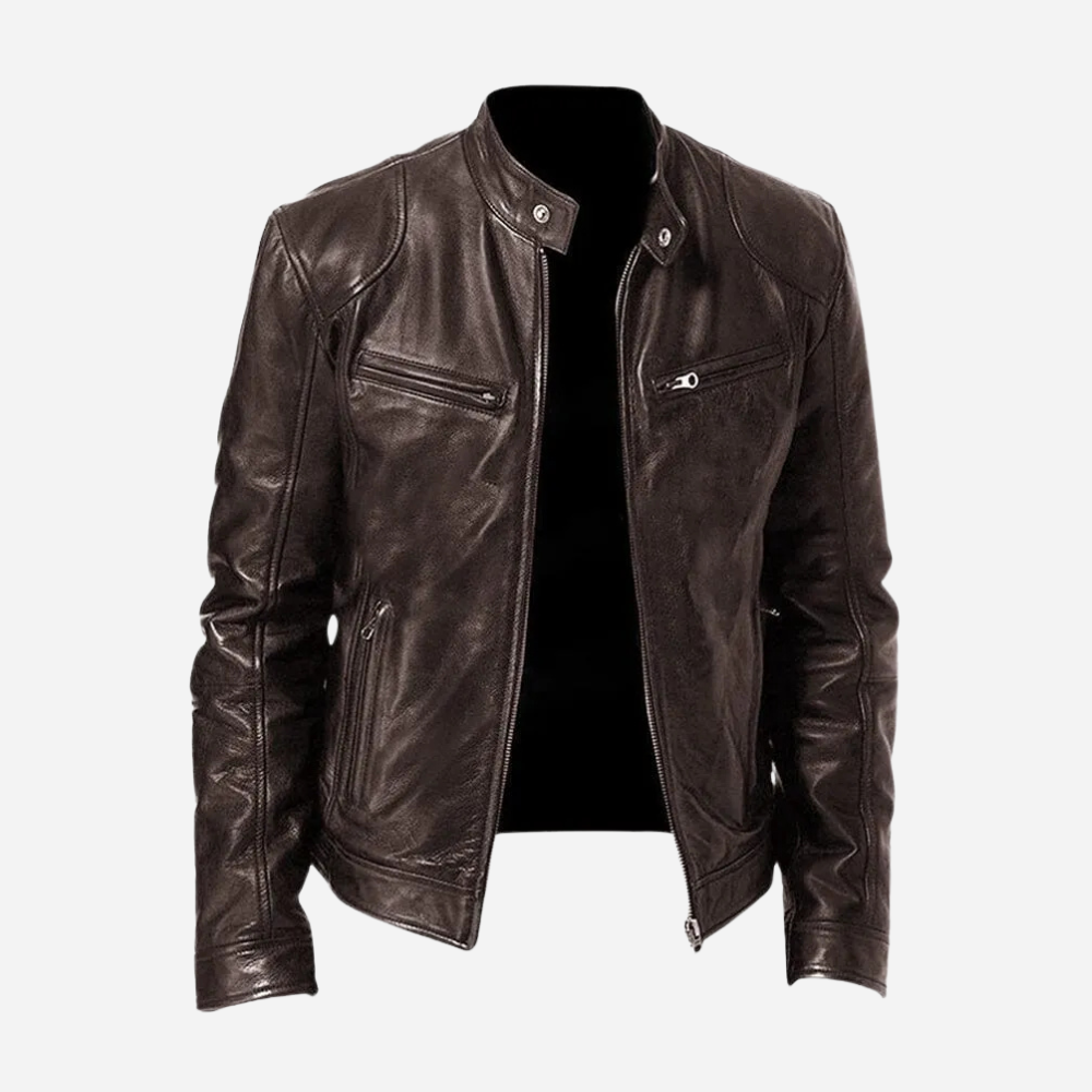 Men's Biker Faux Leather Bomber Jacket with Stand Collar