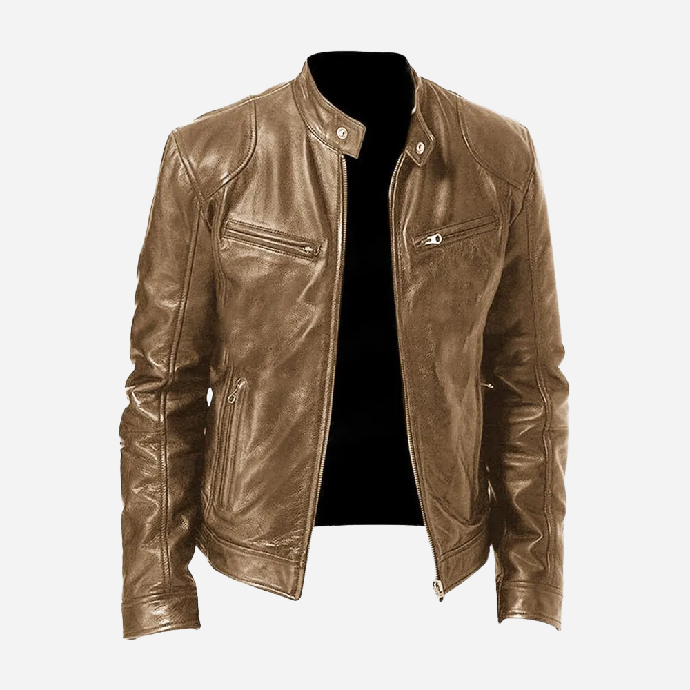 Men's Biker Faux Leather Bomber Jacket with Stand Collar