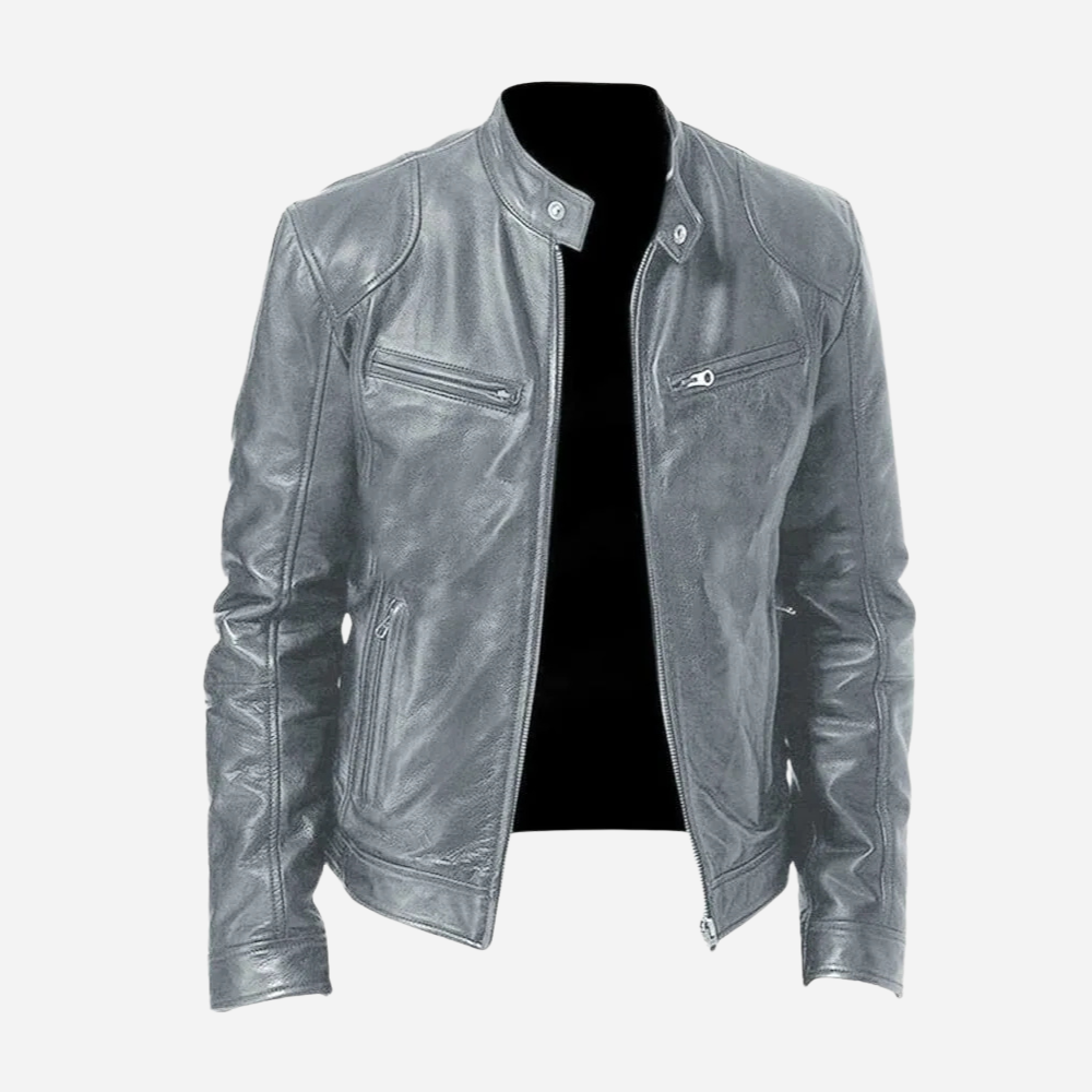 Men's Biker Faux Leather Bomber Jacket with Stand Collar