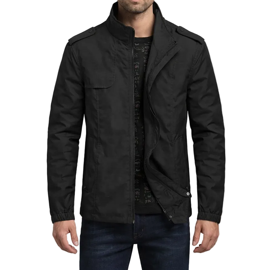 Men's Stand Collar Zip-Up Jacket with Shoulder Tabs