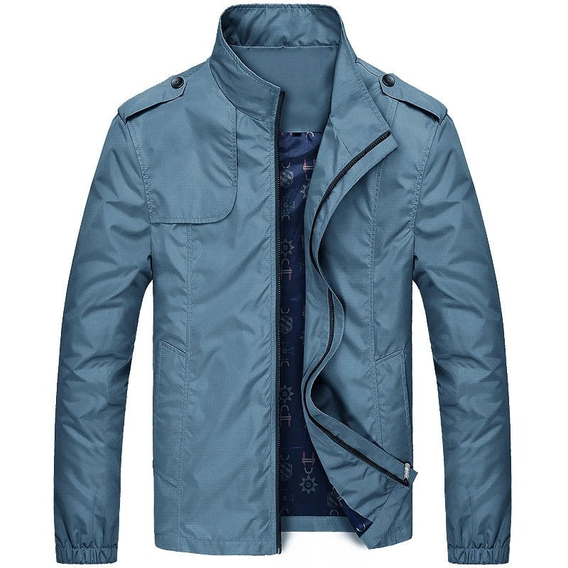 Men's Stand Collar Zip-Up Jacket with Shoulder Tabs