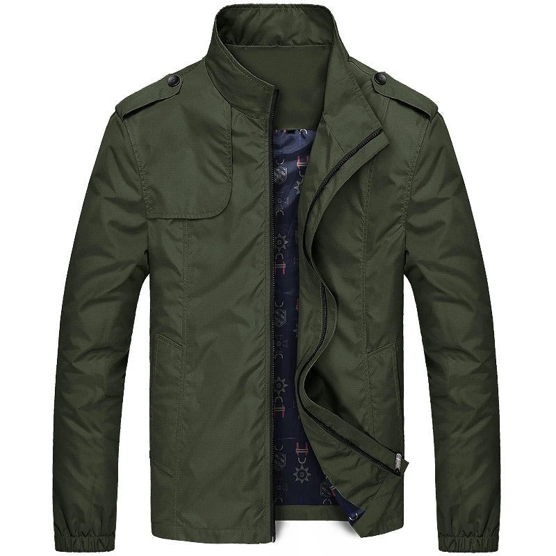 Men's Stand Collar Zip-Up Jacket with Shoulder Tabs