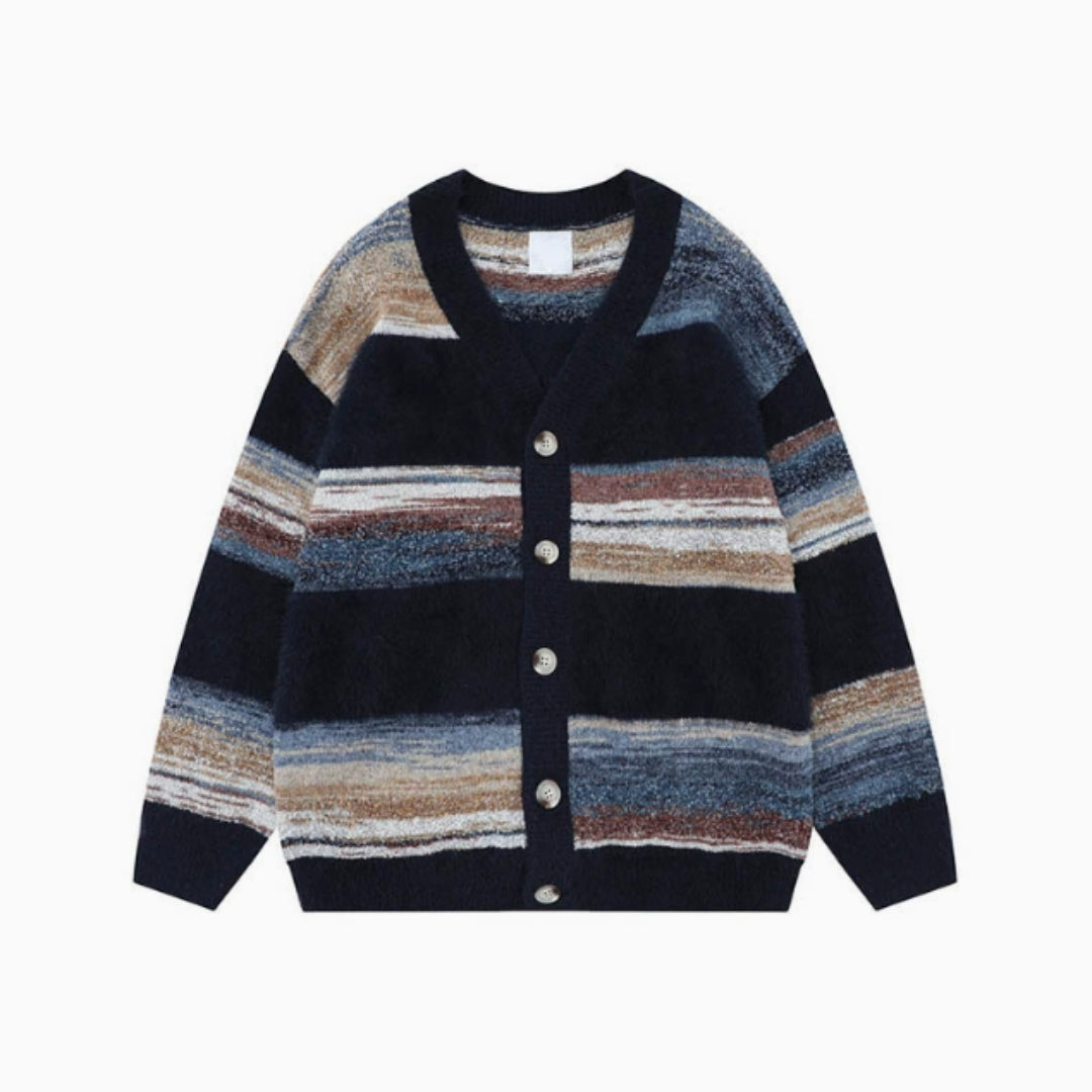 Men's Striped Chunky Knit V-Neck Cardigan