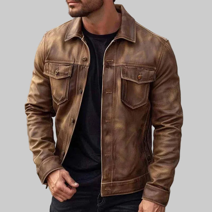 Men's Button-Front Faux Leather Trucker Jacket in Brown