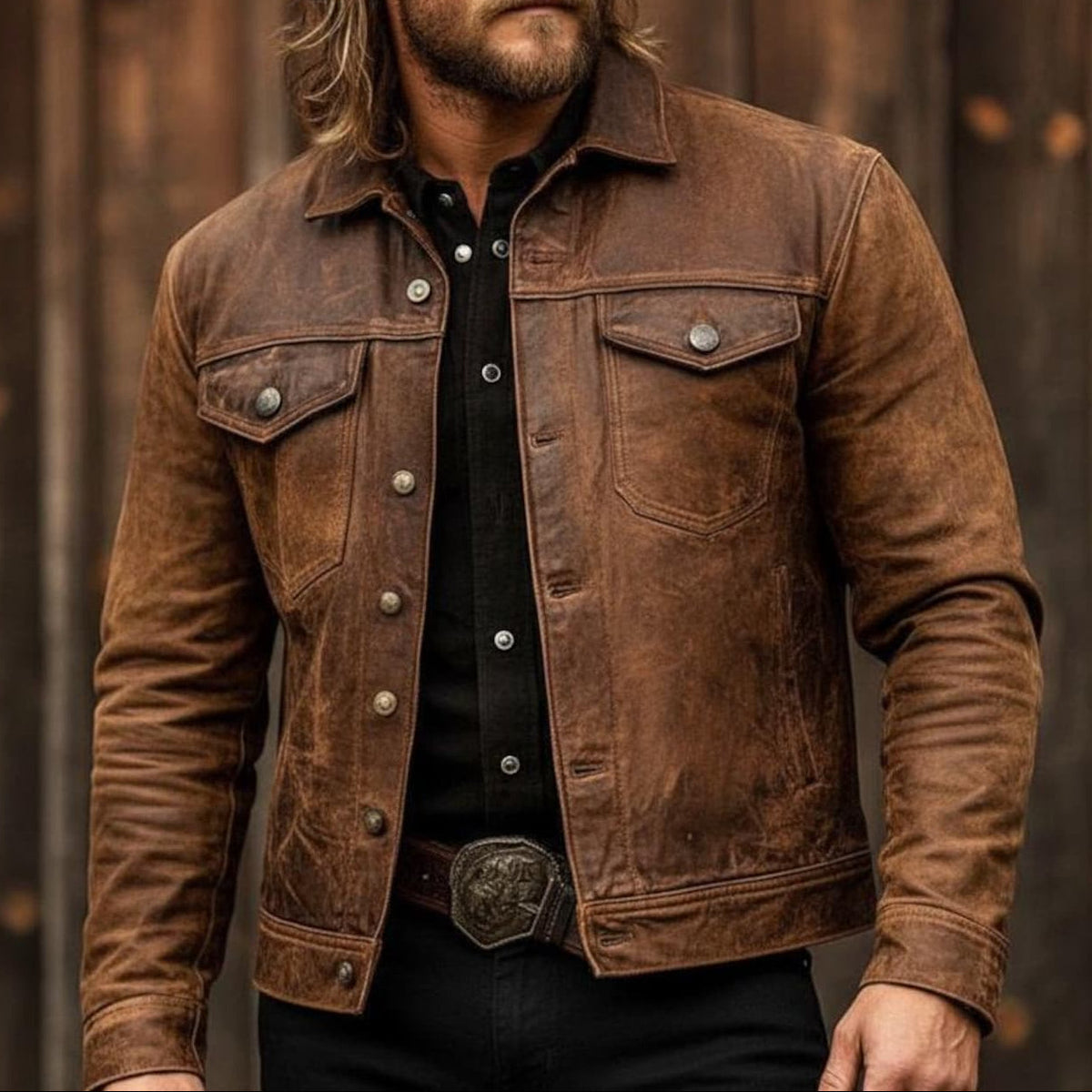 Men's Button-Front Faux Leather Trucker Jacket in Brown