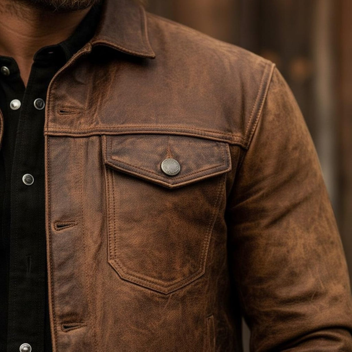 Men's Button-Front Faux Leather Trucker Jacket in Brown