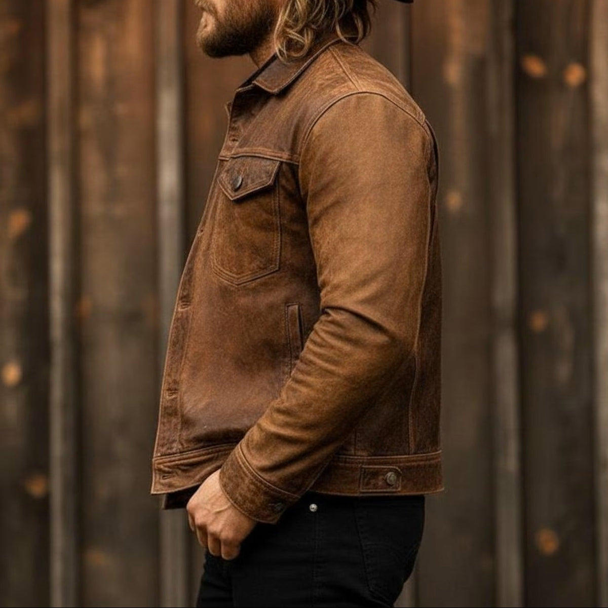 Men's Button-Front Faux Leather Trucker Jacket in Brown