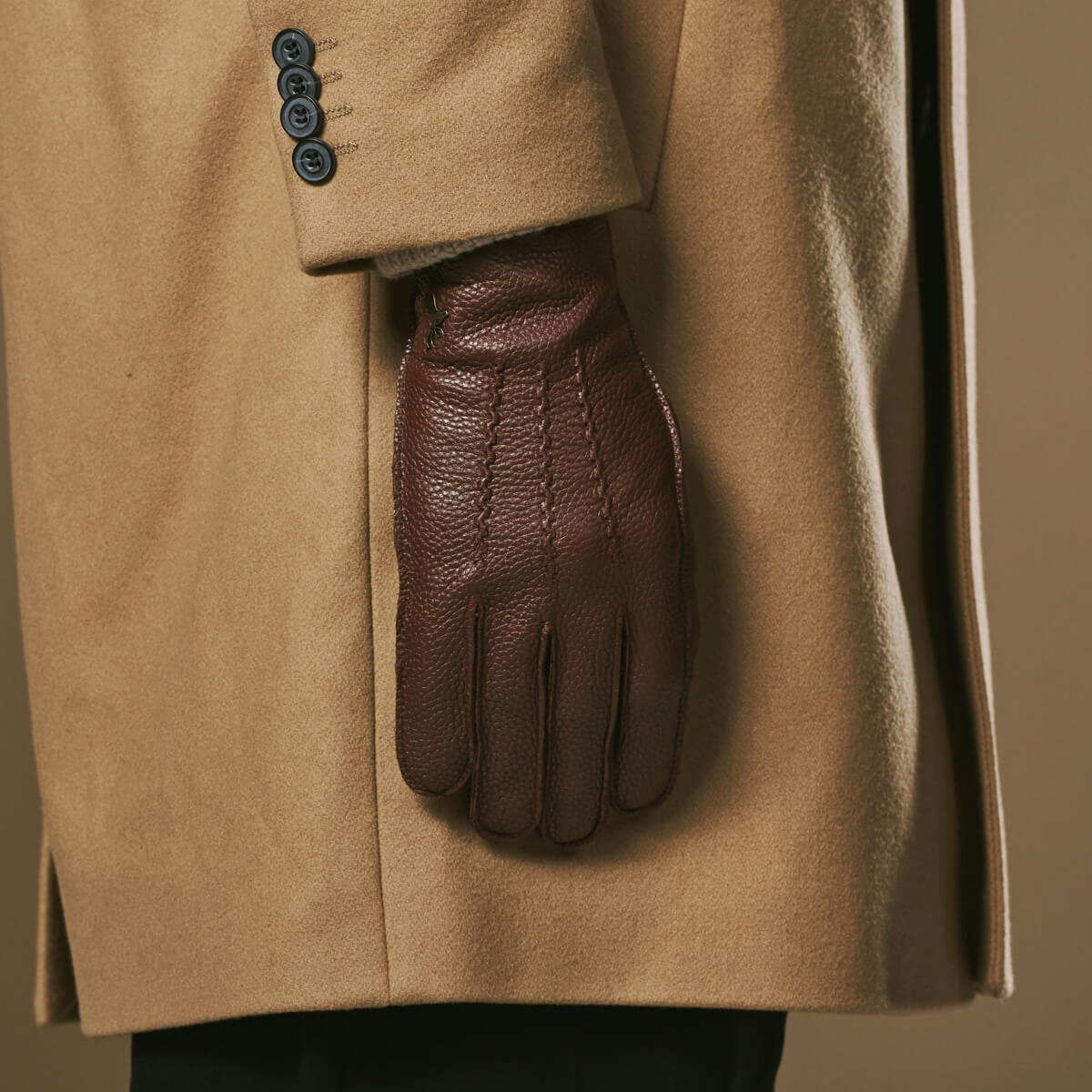 Men's Faux Leather Winter Gloves with Stitched Back in Brown