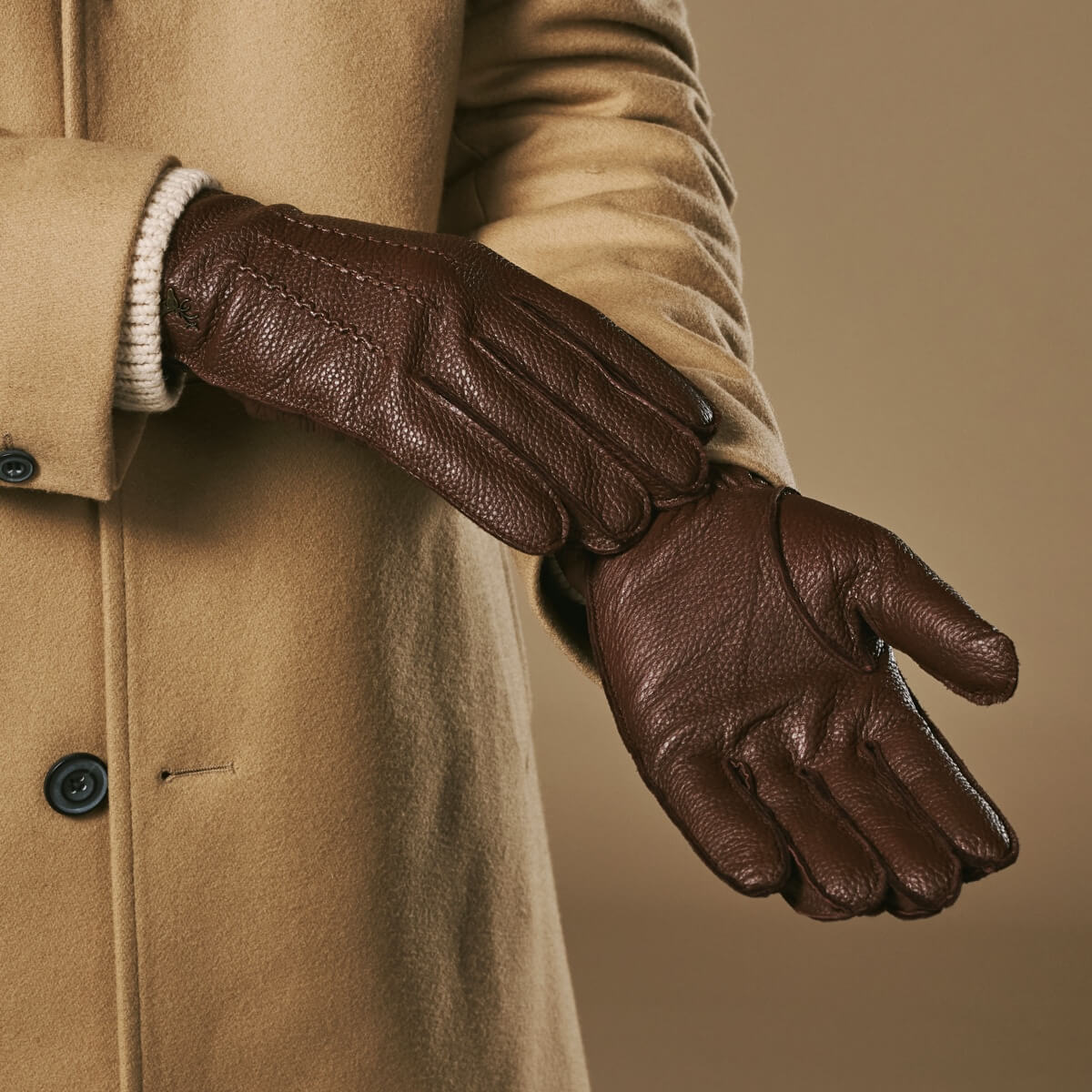 Men's Faux Leather Winter Gloves with Stitched Back in Brown