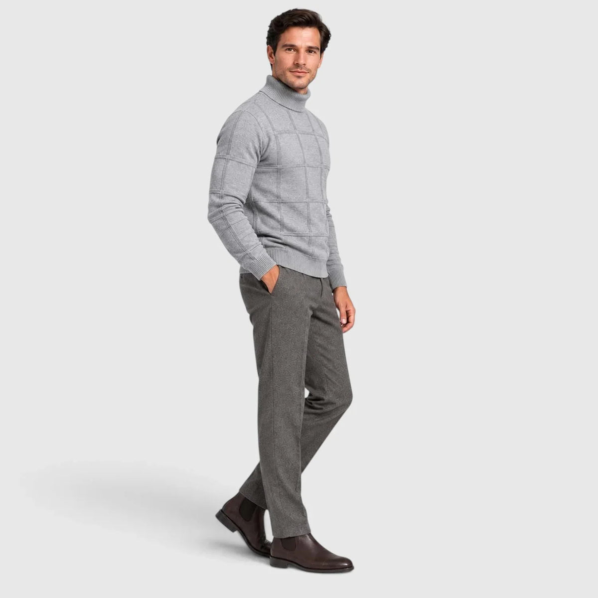 Men's Slim Fit Grid Texture Roll Neck Jumper