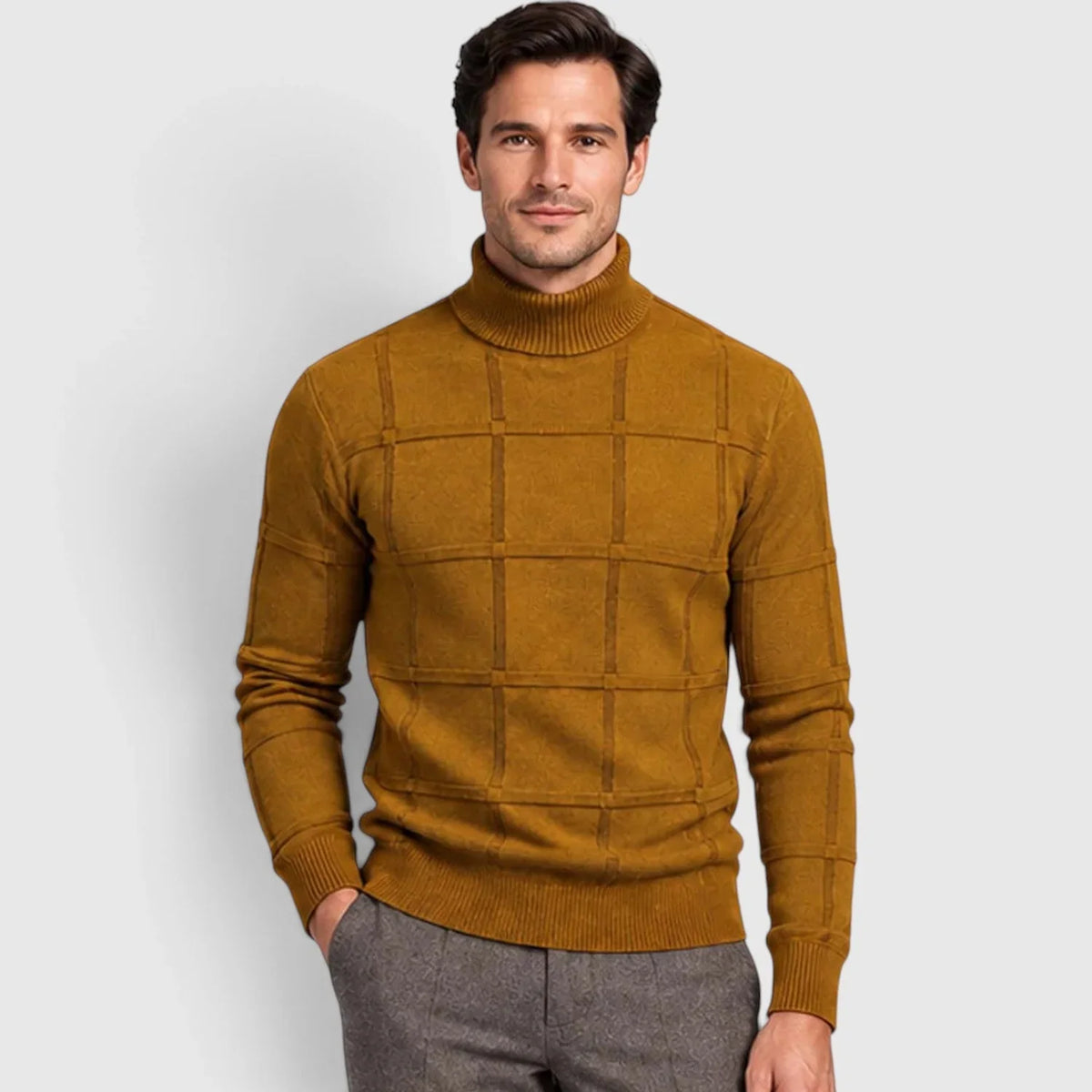 Men's Slim Fit Grid Texture Roll Neck Jumper