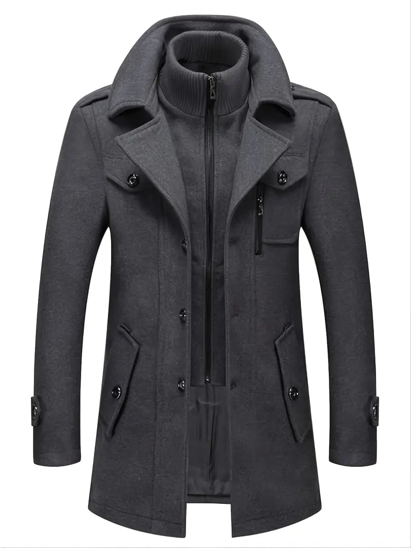 Men's Mid-Length Wool-Look Trench Coat with Zip Inner Collar