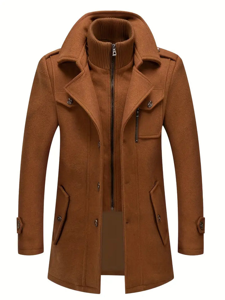 Men's Mid-Length Wool-Look Trench Coat with Zip Inner Collar