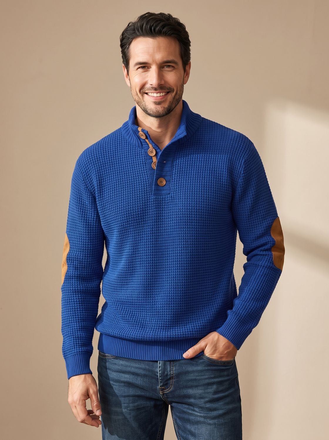 Men's Waffle Knit Button Neck Jumper with Elbow Patches