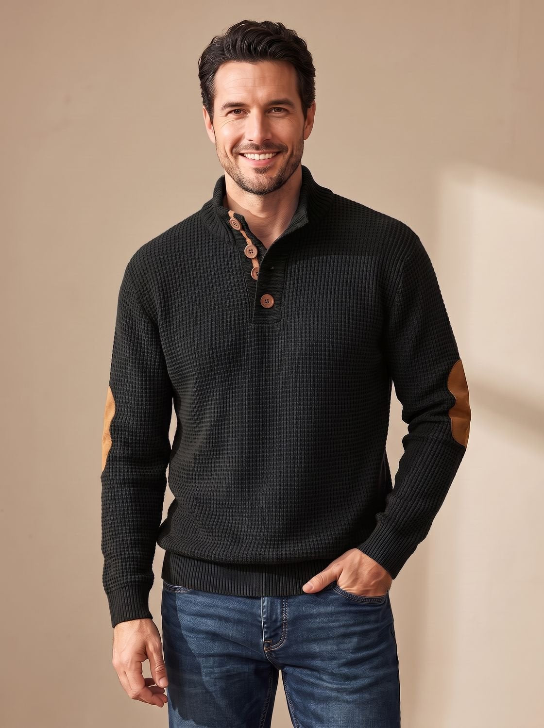 Men's Waffle Knit Button Neck Jumper with Elbow Patches