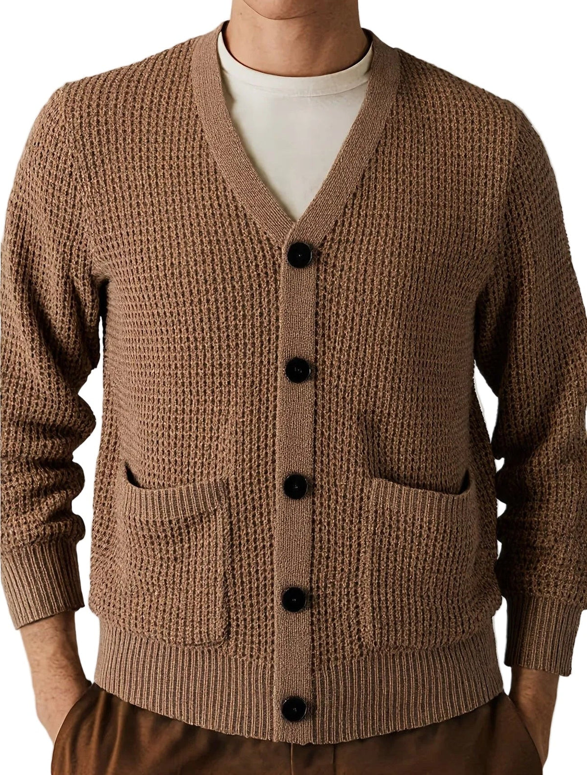 Men's Waffle Knit V-Neck Cardigan in Brown