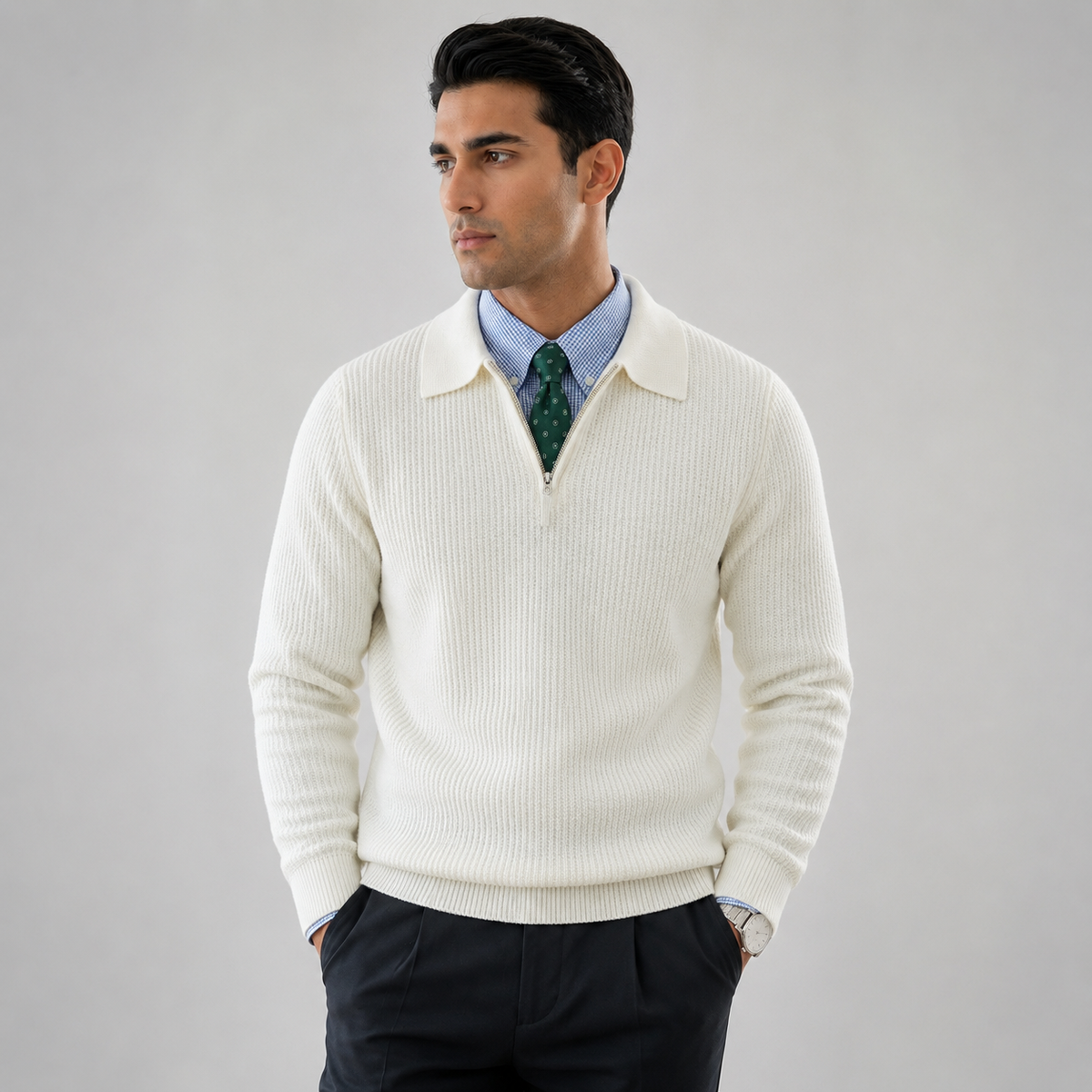 Men's Waffle Knit Quarter-Zip Polo Jumper