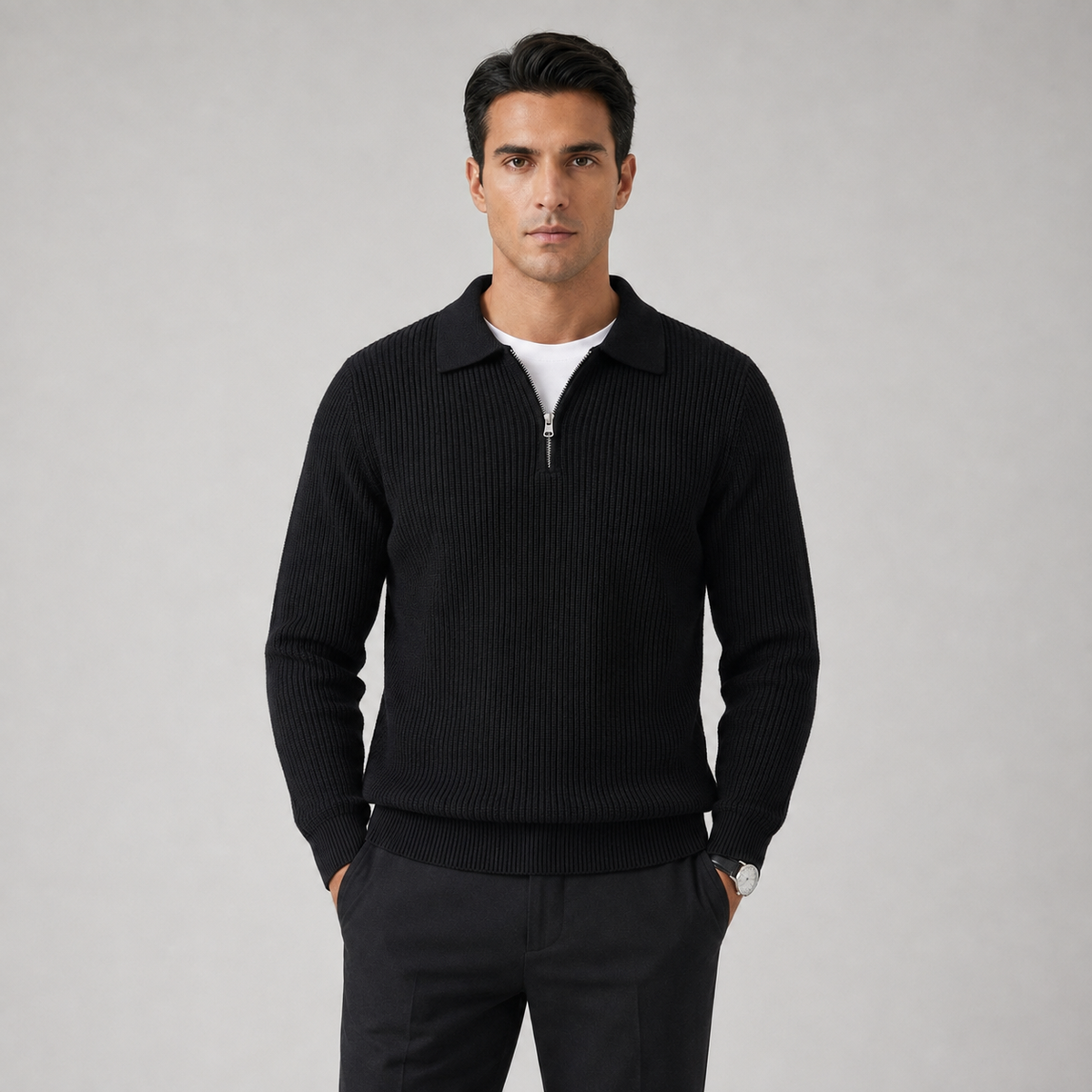 Men's Waffle Knit Quarter-Zip Polo Jumper