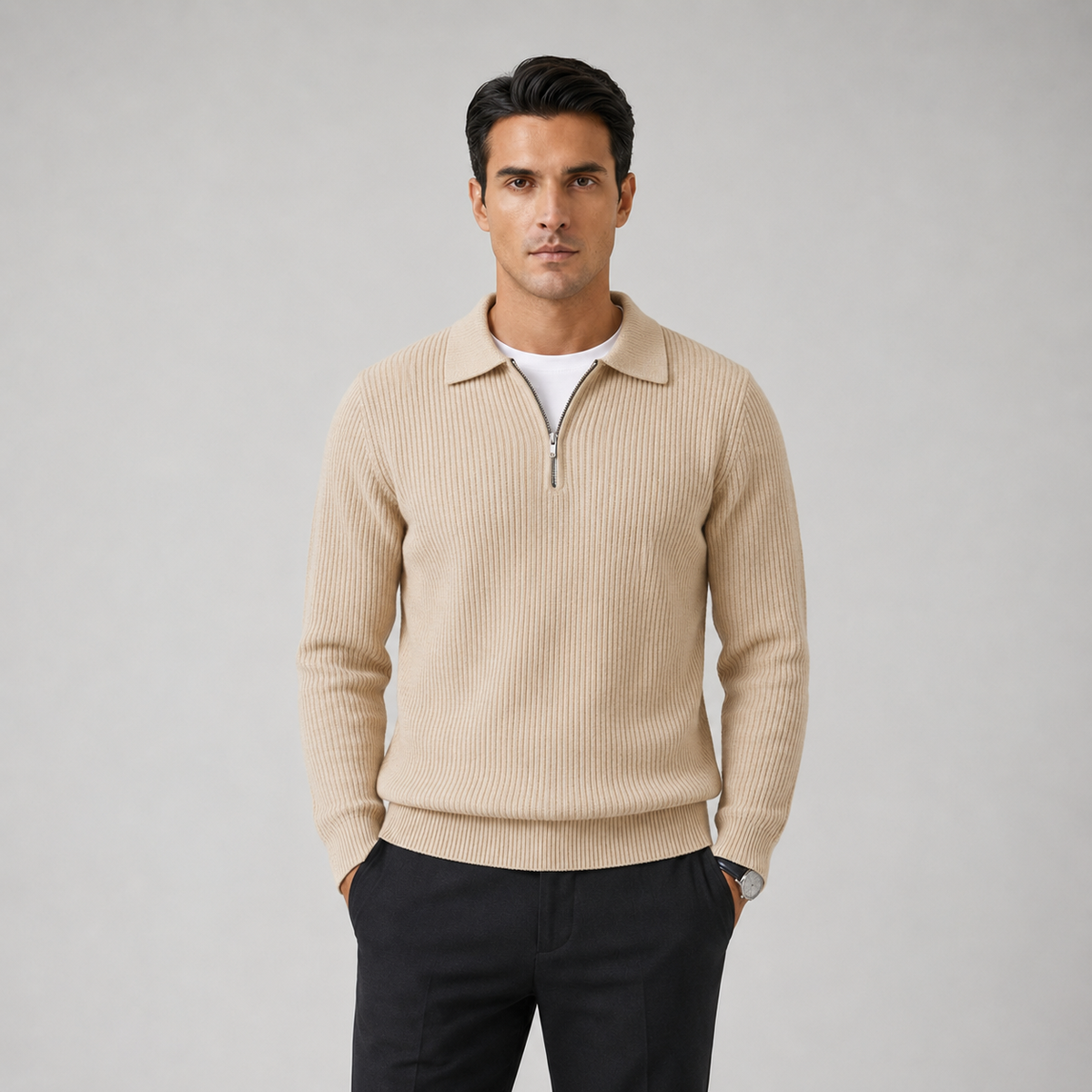 Men's Waffle Knit Quarter-Zip Polo Jumper