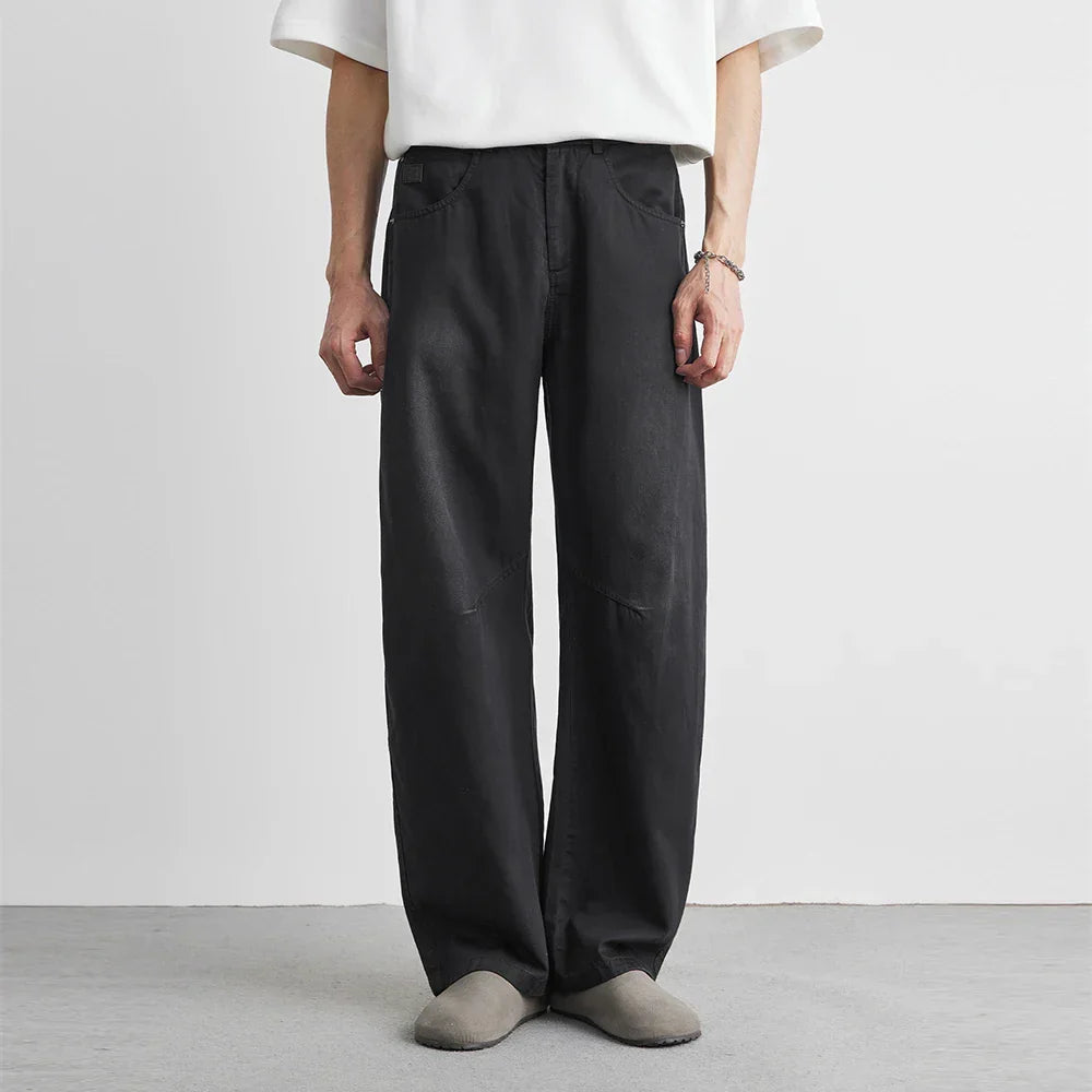 Men's Washed Wide-Leg Trousers with Knee Panels
