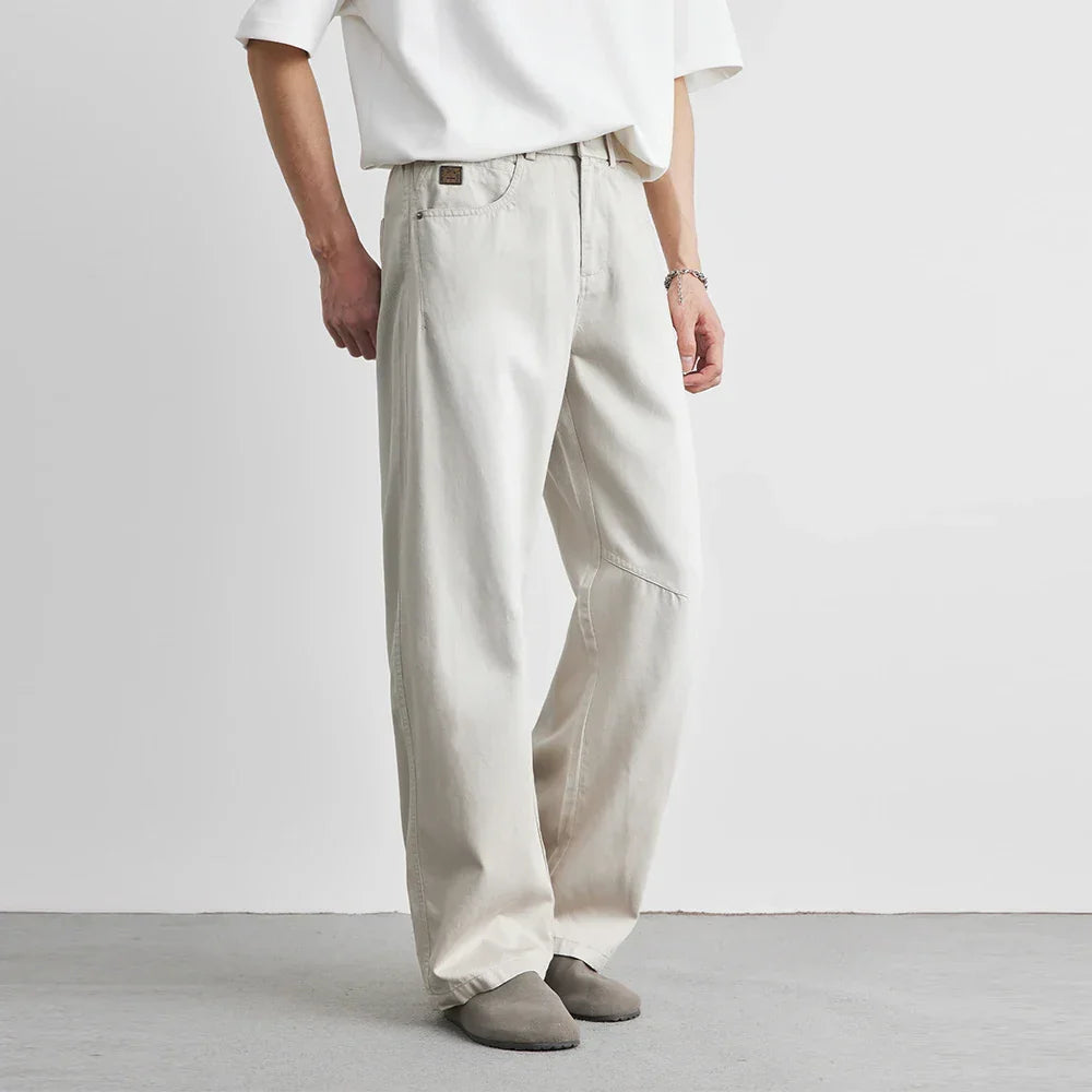 Men's Washed Wide-Leg Trousers with Knee Panels