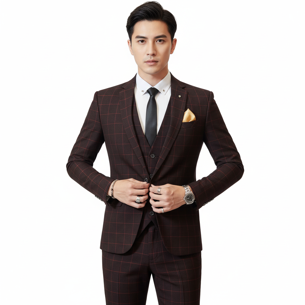 Men's Windowpane Check Notch Lapel Three-Piece Formal Suit