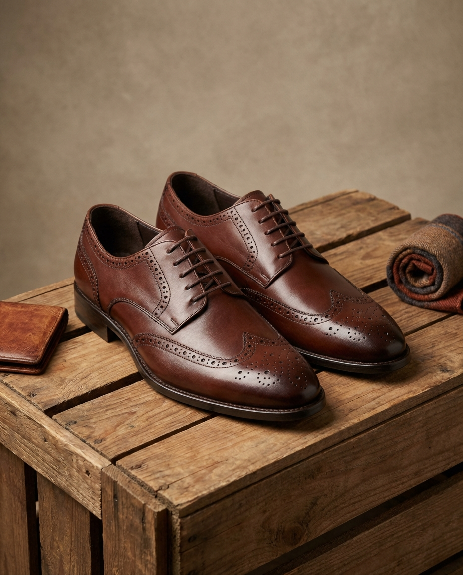 Men's Burnished Faux Leather Wingtip Brogue Dress Shoes