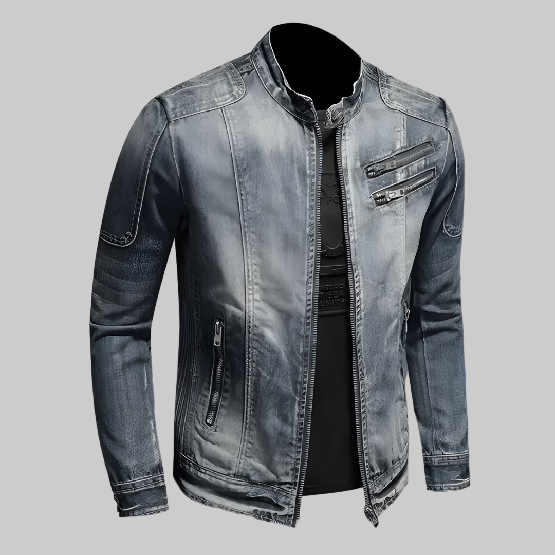Men's Zip-Front Denim Biker Jacket in Grey
